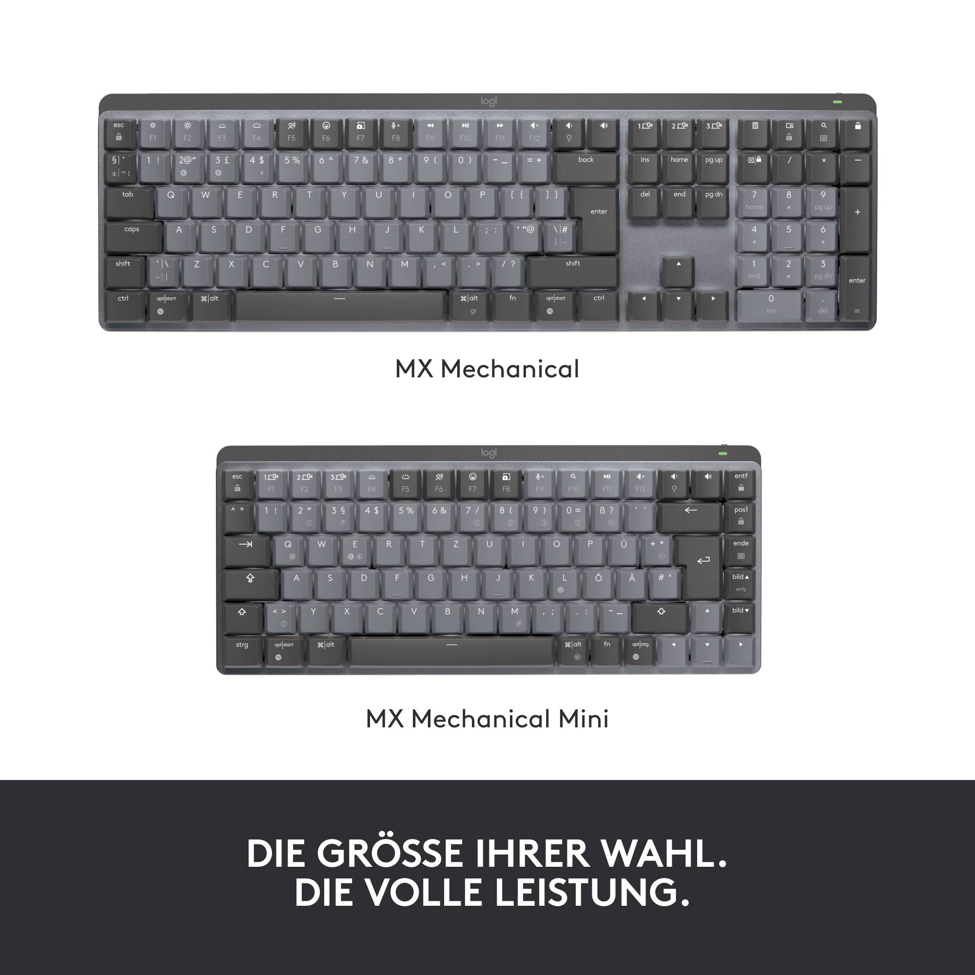 Eine Abbildung zeigt zwei Computertastaturen. Oben ist die 'MX Mechanical' und unten die kleinere 'MX Mechanical Mini'. Darunter steht: 'Die Größe Ihrer Wahl. Die volle Leistung.'