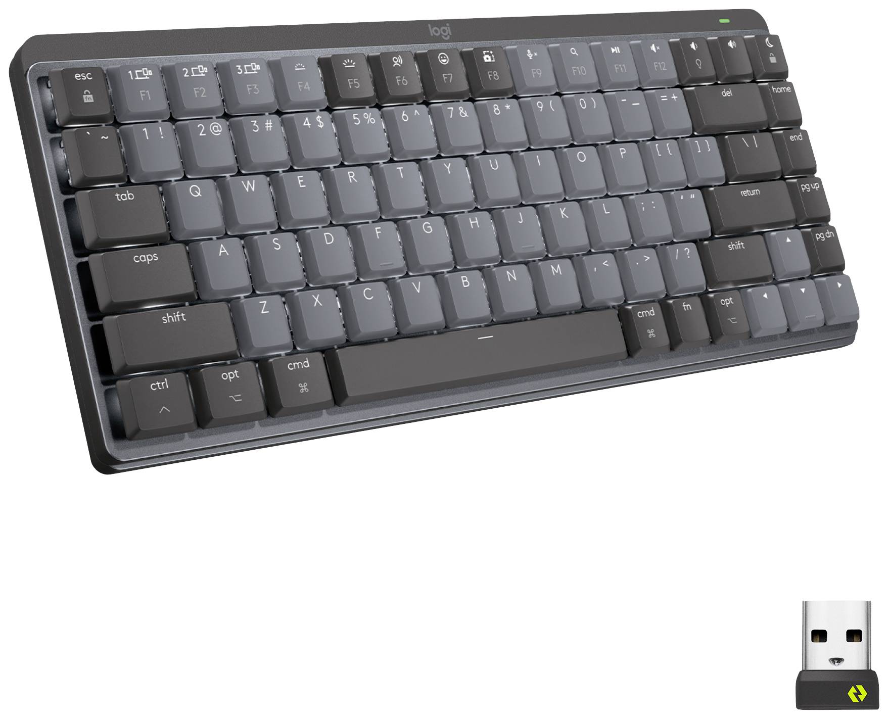 Drahtlose Tastatur in dunklem Grau mit USB-Empfänger. Tasten mit Beschriftung für Mac, darunter 'cmd', 'opt' und 'shift'.