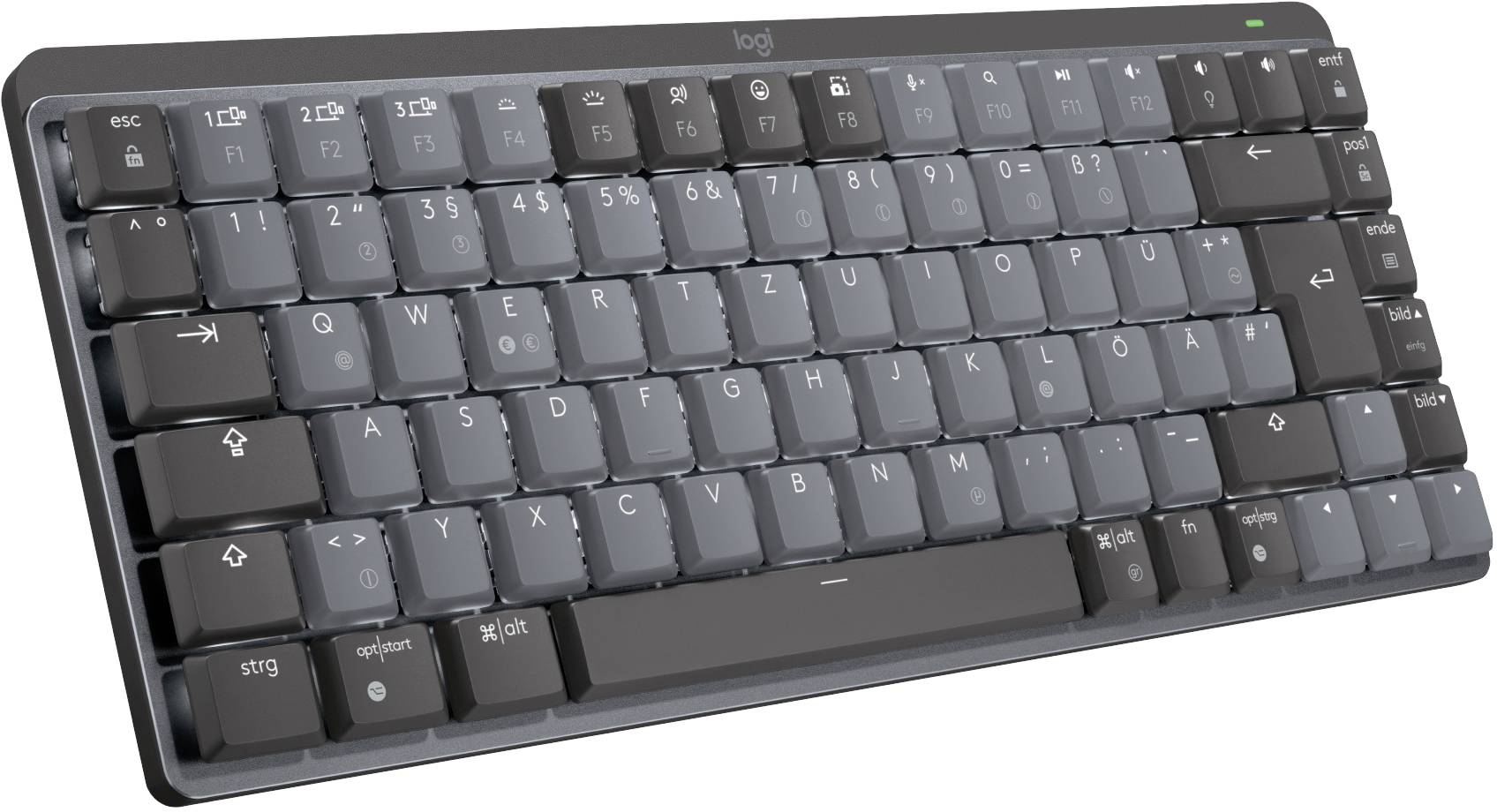 Tastatur mit deutschem QWERTZ-Layout, kompaktes Design, dunkelgraue Tasten mit weißer Beschriftung. Oben links Logosymbol.