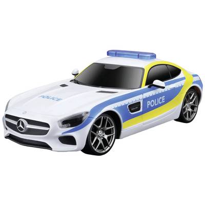 Ein Spielzeugauto, das wie ein Polizeiauto gestaltet ist, mit einer blauen und gelben Lackierung sowie einem blau leuchtenden Dachlicht.