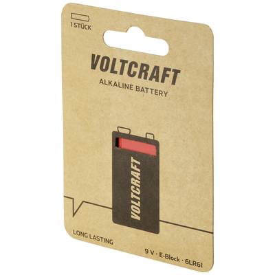 Verpackung einer Voltcraft Alkaline Batterie, 9V, E-Block. Enthält eine Batterie, langlebig, für verschiedene Anwendungen geeignet.