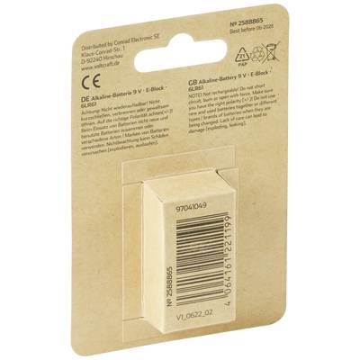Rückseite einer 9V Batterie-Verpackung mit Produktinformationen in Deutsch und Englisch. Barcodes und Adresse des Herstellers sichtbar.