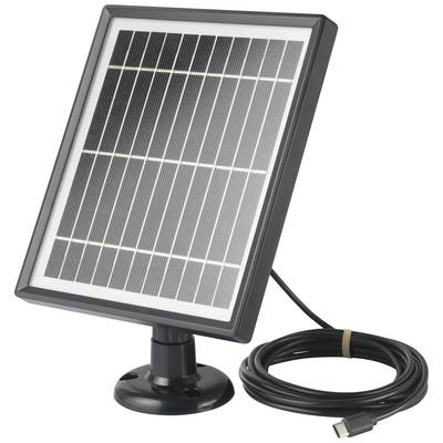 Ein Solarpanel mit einem angeschlossenen Kabel auf einem Standfuß, eingesetzt für die Stromversorgung kleiner Geräte oder Systeme.