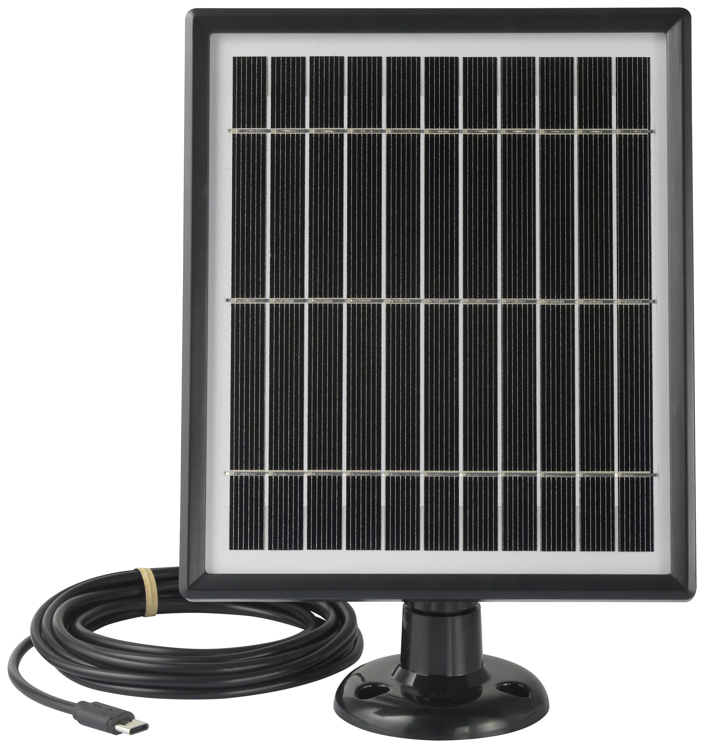 Ein kleines Solarpanel auf einem Standfuß mit angeschlossenem Kabel, geeignet für den Außenbereich zur Stromversorgung kleiner Geräte.