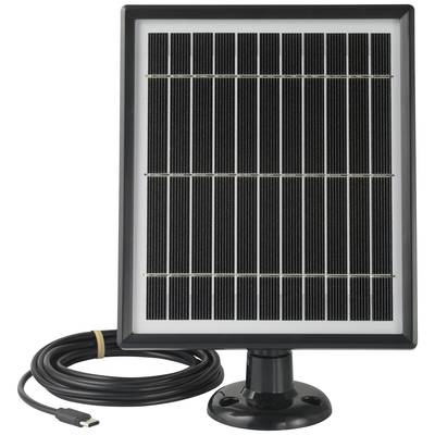 Ein kleines Solarpanel auf einem Standfuß mit angeschlossenem Kabel, geeignet für den Außenbereich zur Stromversorgung kleiner Geräte.