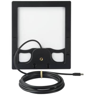 Ein schwarzes Gerät für Tablets oder E-Reader mit einem Ständer und einem langen USB-C-Kabel.