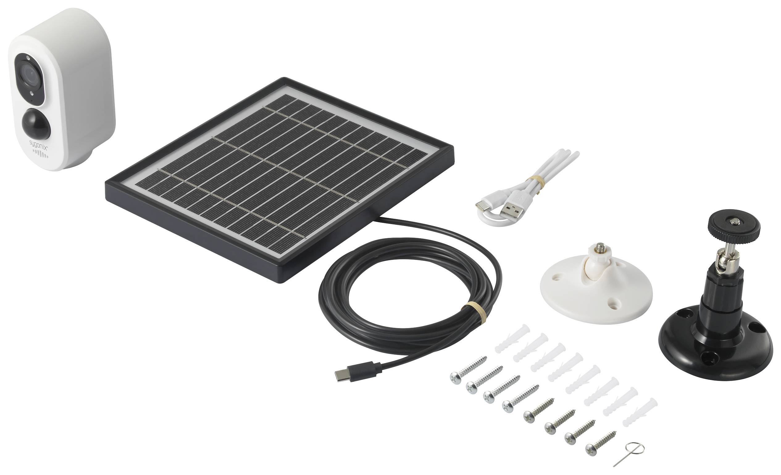 'Überwachungskamera und Solarpanel mit Kabel, Montageset und Schrauben.'