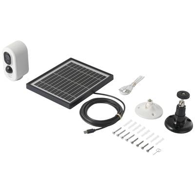 'Überwachungskamera und Solarpanel mit Kabel, Montageset und Schrauben.'