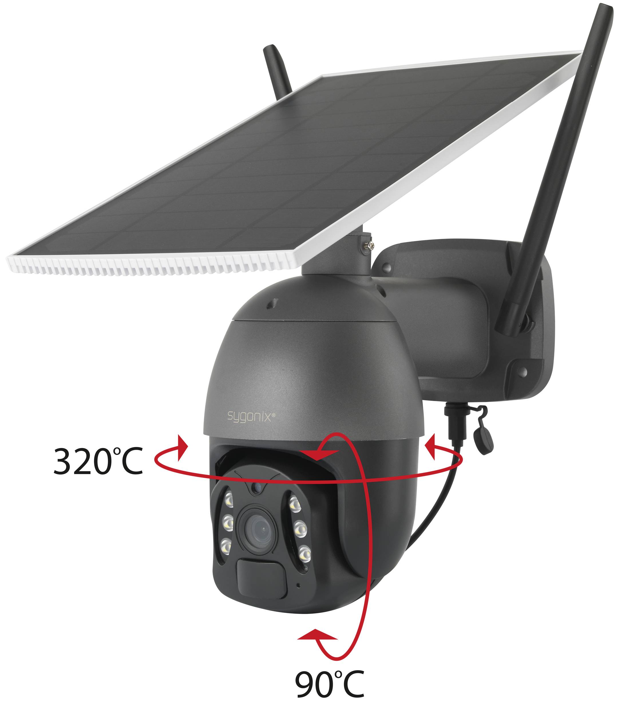 Eine Überwachungskamera mit Solarpanel, die sich horizontal um 320 Grad und vertikal um 90 Grad drehen kann.