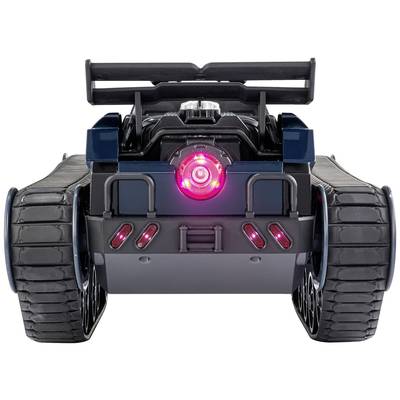 Ein ferngesteuertes Spielzeugfahrzeug mit breiten Kettenrädern und leuchtenden LED-Leuchten, in einer futuristischen Optik.