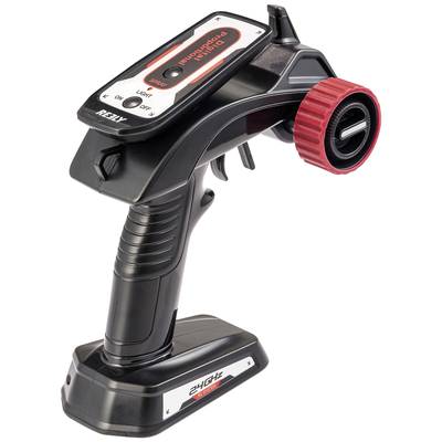 Fernsteuerung für RC-Autos mit schwarzem Griff, roten Drehrad und Tasten oben. Geeignet für linke oder rechte Hand. Anzeige für Batteriestatus.