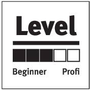 'Level' mit einer Balkenanzeige von drei gefüllten Kästchen. Links steht 'Beginner', rechts 'Profi'. 