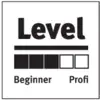 'Level' mit einer Balkenanzeige von drei gefüllten Kästchen. Links steht 'Beginner', rechts 'Profi'.