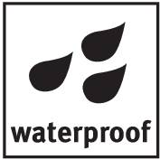 Ein Symbol mit drei Tropfen und dem Text 'waterproof', was darauf hinweist, dass das Produkt wasserdicht ist.