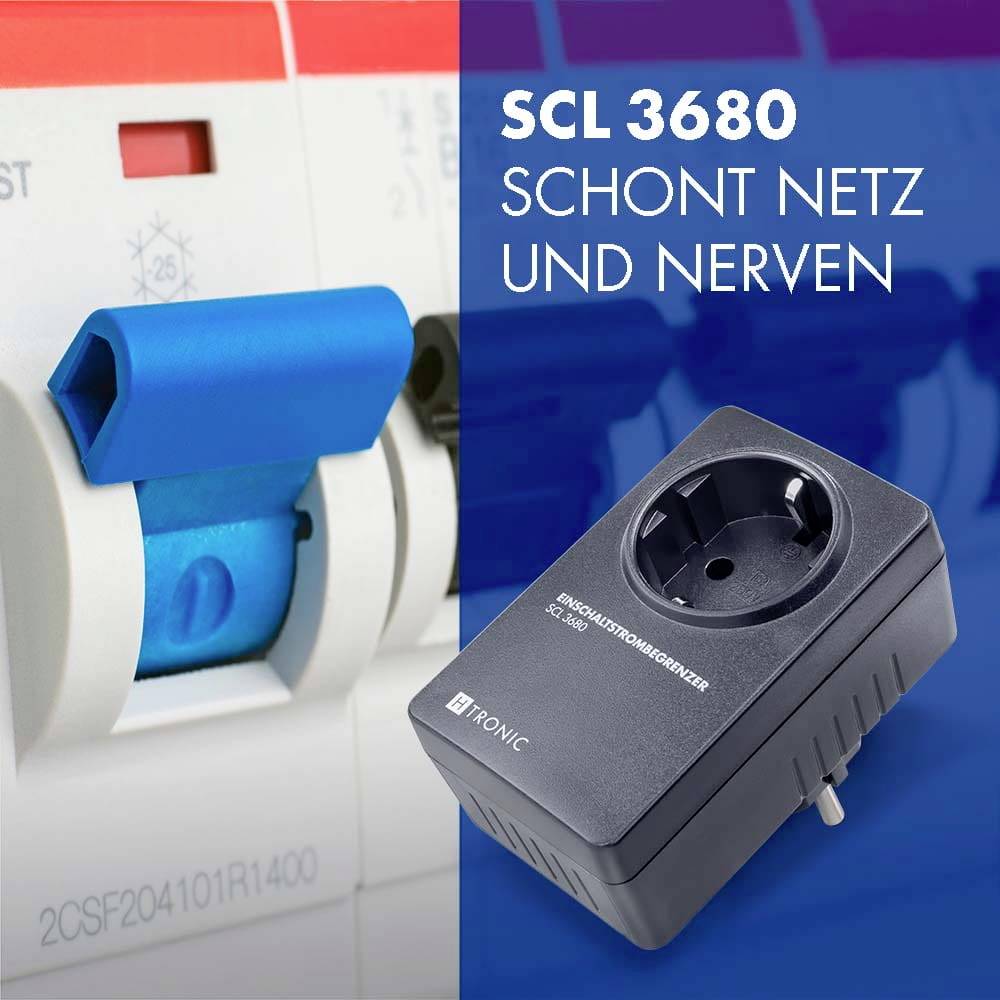 'Steckeradapter SCL 3680 schont Netz und Nerven', zeigt ein Steckdosenadapter neben einem Sicherungsautomaten in Nahaufnahme.