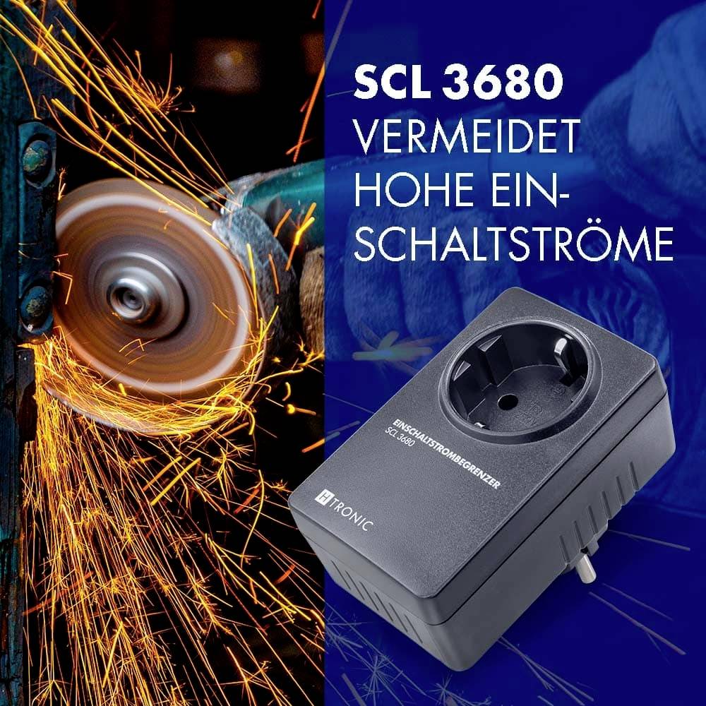 Ein Winkelschleifer erzeugt Funken. Im Vordergrund eine Verpackung: 'SCL 3680 vermeidet hohe Einschaltströme'.