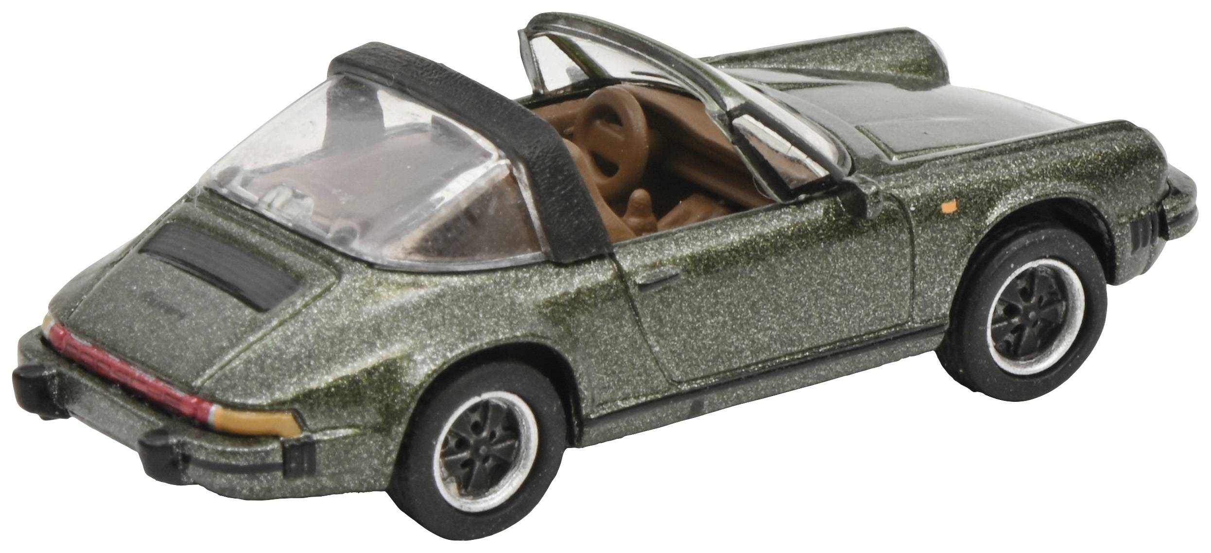 Ein dunkelgrünes Spielzeugauto im Cabriolet-Stil zeigt das Design eines klassischen Sportwagens mit schwarzen Felgen und geöffnetem Verdeck.