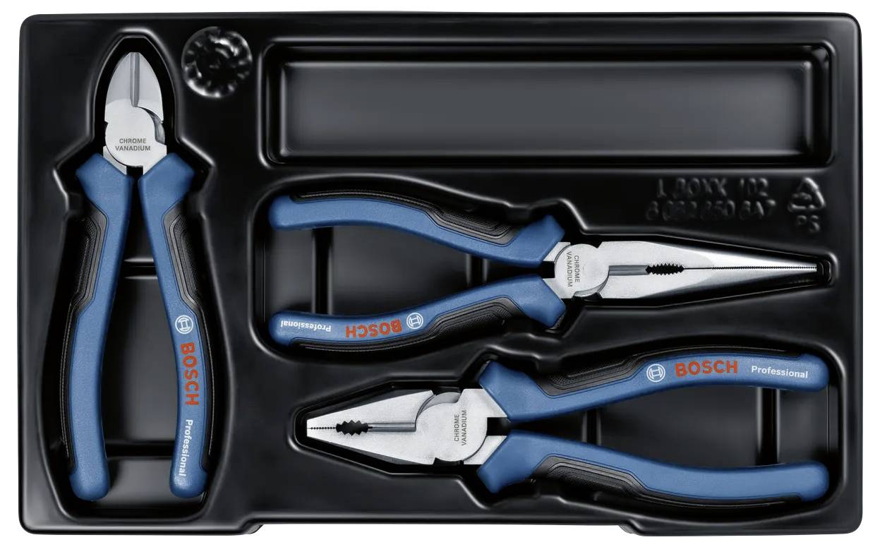 Schwarzes geformtes Tablett mit drei Bosch Professional Zangen: Seitenschneider, Spitzzangen und Kombinationszangen, angeordnet in einer Werkzeugeinsatz-Box.