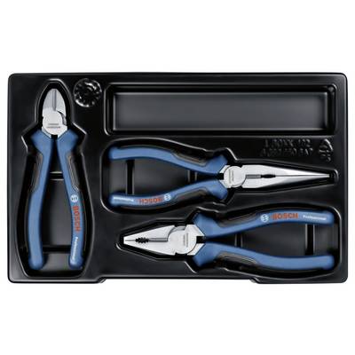 Schwarzes geformtes Tablett mit drei Bosch Professional Zangen: Seitenschneider, Spitzzangen und Kombinationszangen, angeordnet in einer Werkzeugeinsatz-Box.