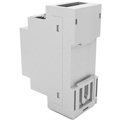 Ein graues elektrisches Modul oder Bauteil mit rechteckiger Form, geeignet für DIN-Schienenmontage in Schaltanlagen oder Steuerungen.