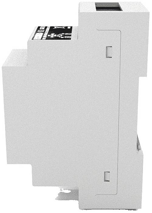 Ein weißes elektrisches Schaltgerät mit rechteckiger Form, seitlich gesehen, zeigt Schalter und technische Symbole auf der Oberseite.