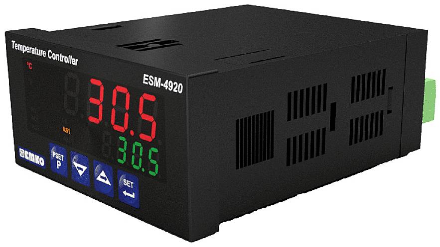 Schwarzer Temperaturregler mit digitalem Display zeigt '30.5°C'. Links sind Steuerungstasten, inklusive Pfeil, 'P', und 'SET'.