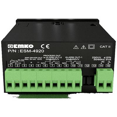 Ein schwarzes Emko ESM-4920 Gerät mit grünen Klemmen für den Anschluss. Es zeigt technische Spezifikationen und Anschlüsse an.