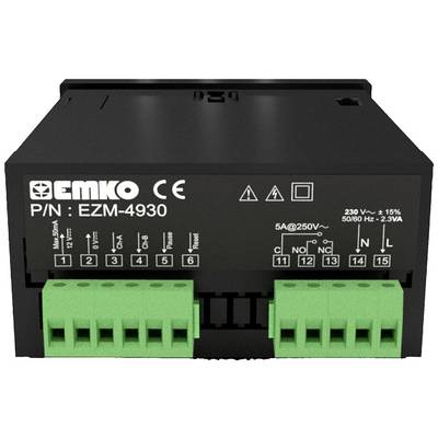 Elektrisches Gerät mit schwarzem Gehäuse und grünen Anschlussklemmen. Beschriftung 'EMKO CE P/N: EZM-4930' sichtbar.