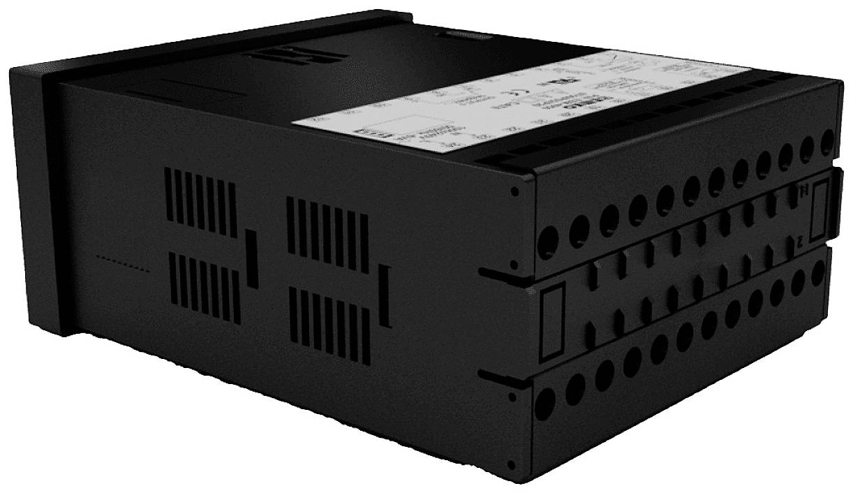 Schwarzes, rechteckiges elektronisches Gerät mit Lüftungsschlitzen an der Seite und Anschlüssen vorne, möglicherweise ein Steuer- oder Verteilgerät.