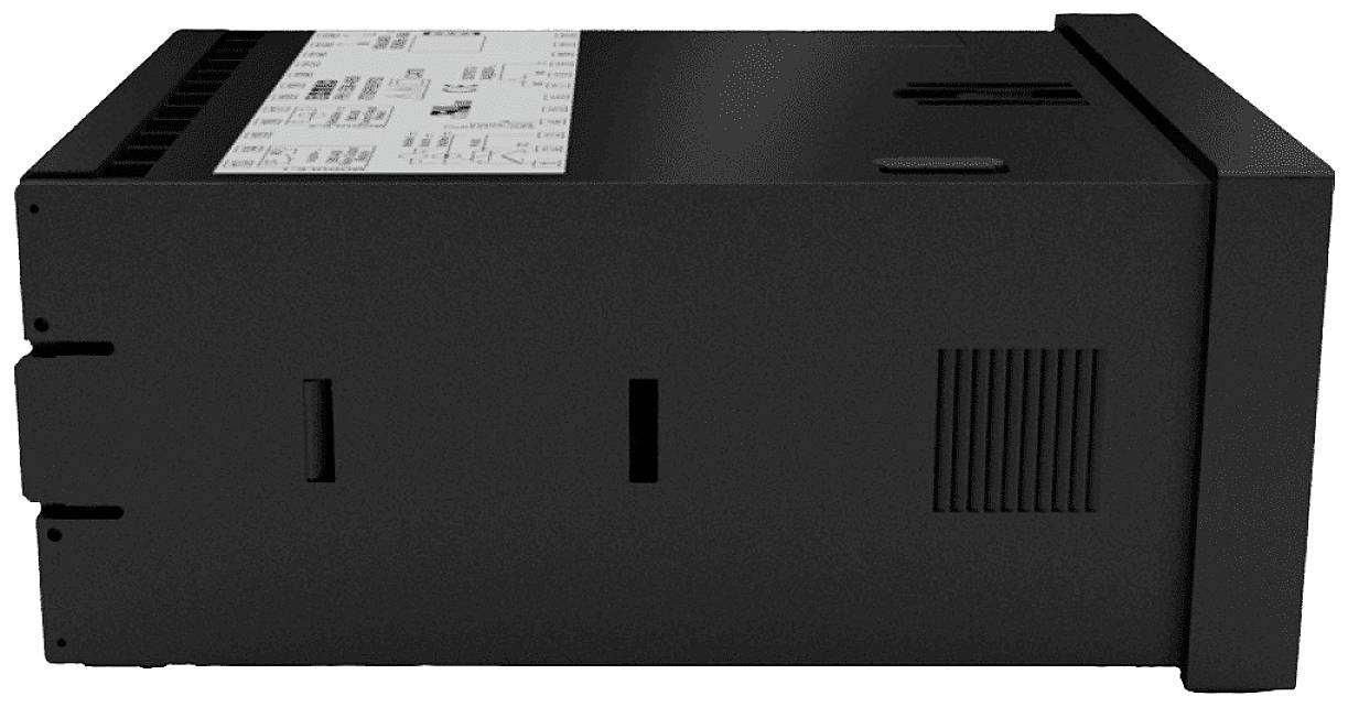 Schwarzes rechteckiges elektronisches Gerät von der Seite, mit Lüftungsschlitzen und Beschriftung oben.