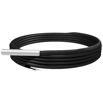 Ein langes schwarzes Kabel mit einem silberfarbenen Sensor an einem Ende, vermutlich ein Temperatursensor oder ähnliches.