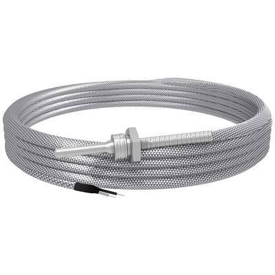 Ein langes, spiralförmiges Heizkabel mit einem silbernen Metallgeflecht. An einem Ende befindet sich ein zylindrischer Metallanschluss.