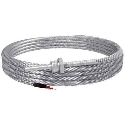 Ein langes, silbernes geflochtenes Kabel mit einem Metalldorn an einem Ende und freiliegenden Drähten am anderen.
