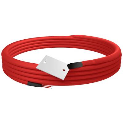 Rotes Heizkabel mit Metallplatte, zwei Adern sichtbar am Ende. Geeignet zum Enteisen von Rohren oder Heizsystemen.