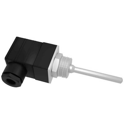 Ein Sensor mit schwarzem Gehäuse und Gewindeanschluss in Seitenansicht, montiert auf einem rechteckigen, weißen Sockel.