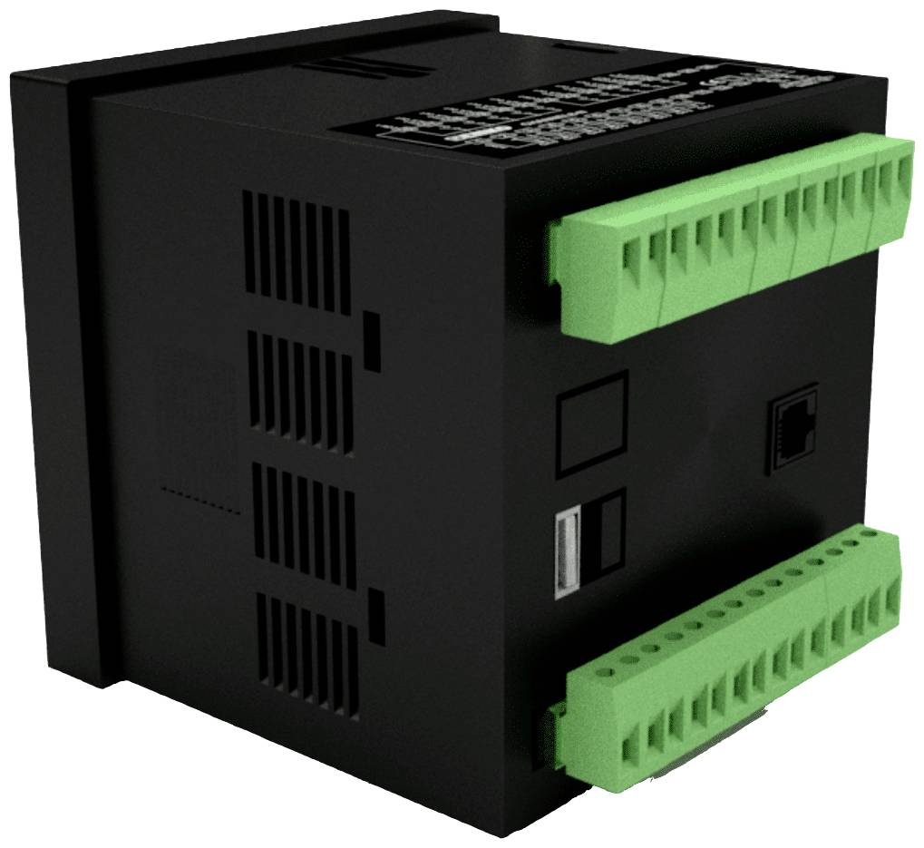 Ein schwarzes Industriegerät mit grünen Steckverbindern und Kühlrippen, geeignet zur Installation in einem elektrischen Schaltschrank.