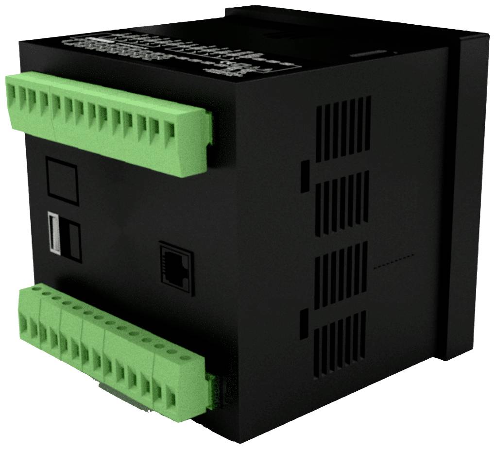 Ein schwarzes elektronisches Gerät mit grünen Anschlussklemmen an zwei Seiten. Oberseite mit Bedienelementen und Anschlüssen.