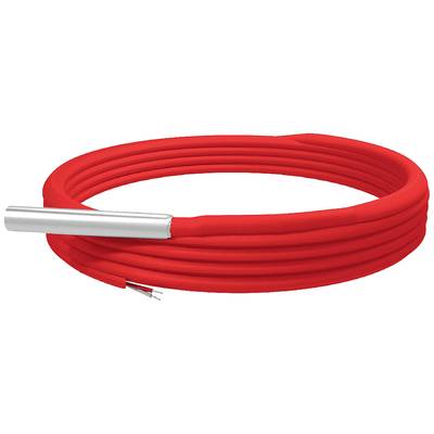 Rotes Heizkabel mit integriertem Temperaturfühler, isoliert und für industrielle Anwendungen geeignet.