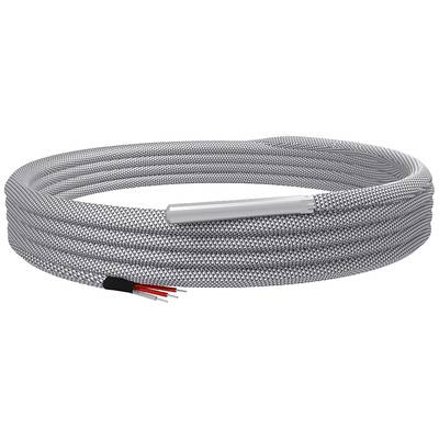Graues, spiralförmiges Kabel mit freiliegenden rot-schwarzen Drähten am Ende, geeignet für elektronische Installationen.