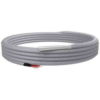 Graues, geflochtenes Heizkabel mit sichtbaren roten und schwarzen Drahtenden, geeignet für Zuwendungen in Bodenheizsystemen.