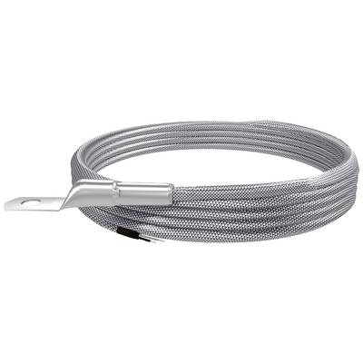 Geflochtenes, silbernes Kabel mit Öse an einem Ende, vermutlich zur Erdung oder Verbindung in elektrischen Anwendungen.