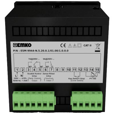 Ein schwarzes elektronisches Gerät mit einer Vorderseite, die mehrere grünfarbene Anschlussklemmen, Symbole und technische Daten zeigt.
