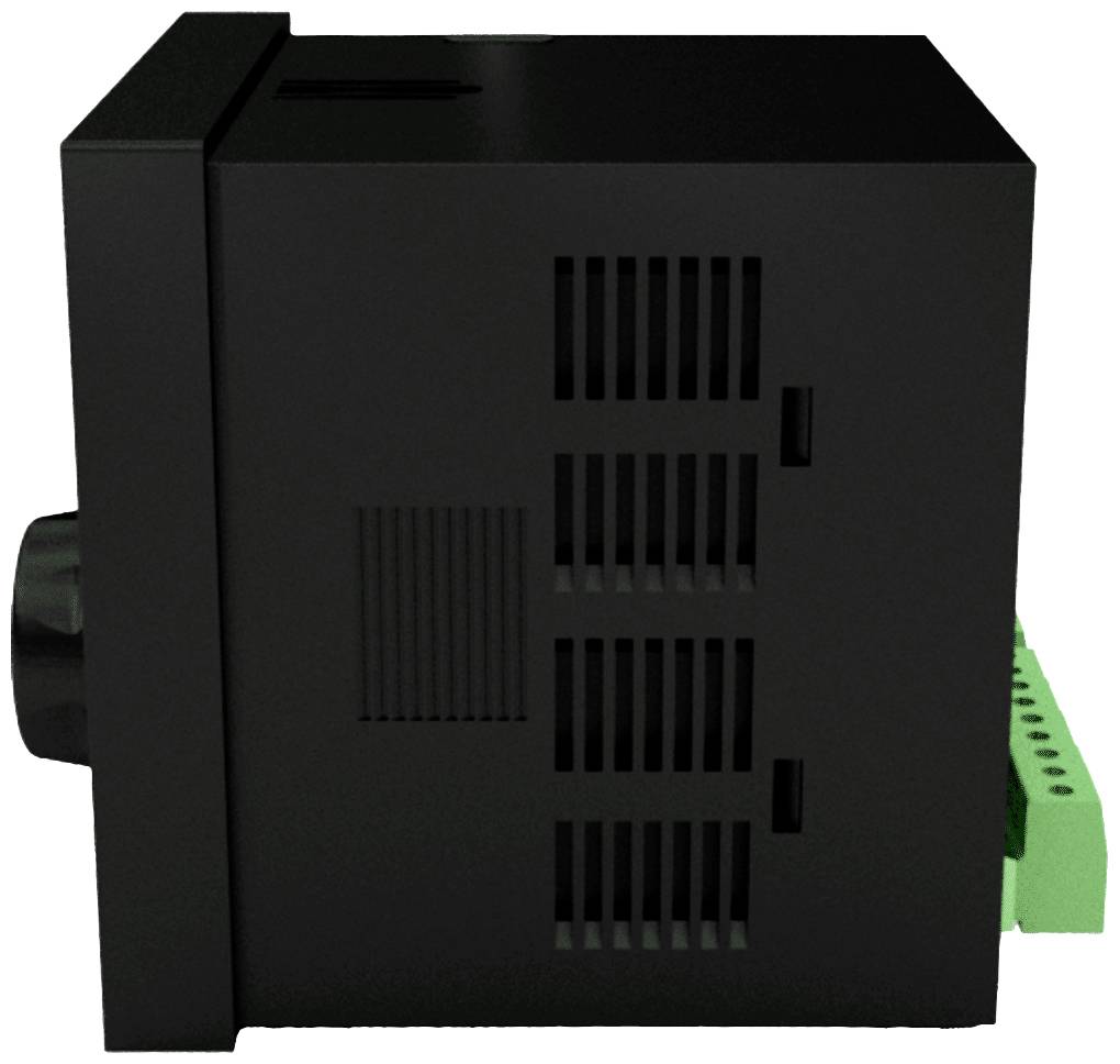 Schwarzes elektrisches Gerät mit Lüftungsschlitzen seitlich, grüne Anschlussklemme hinten, möglicherweise ein Steuergerät.