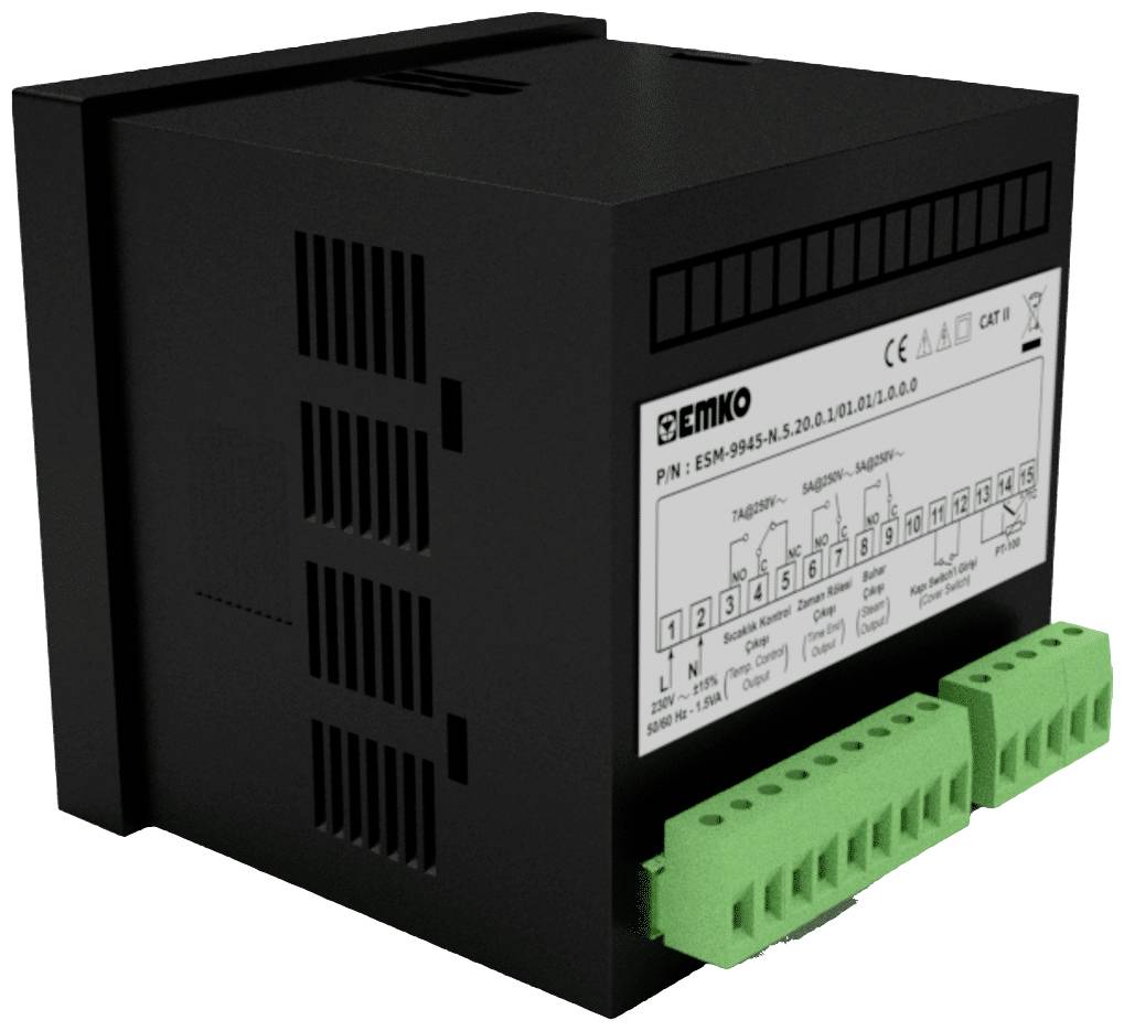 Ein schwarzes elektrisches Messgerät mit grünen Anschlussklemmen und einem Etikett mit Modell- und Sicherheitsangaben an der Vorderseite.
