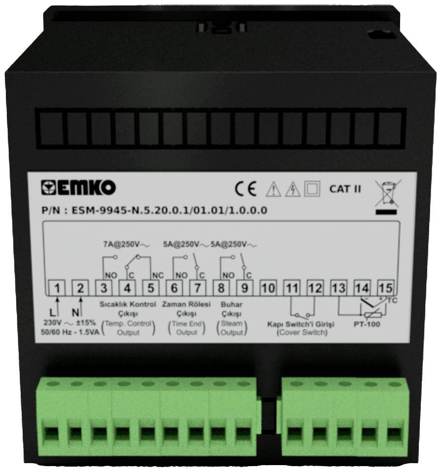 Ein elektronisches Steuergerät mit mehreren Anschlüssen und Kontrollsymbolen auf der Vorderseite, beschriftet mit technischen Spezifikationen.