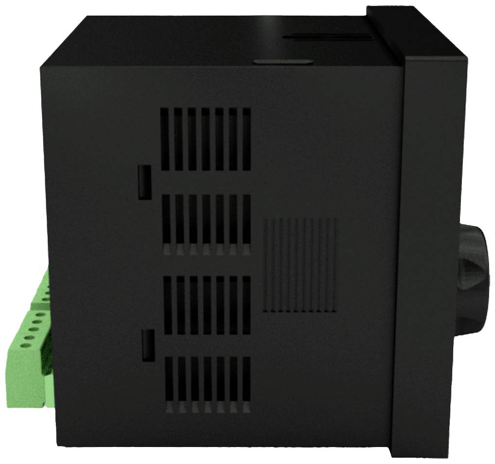 Ein schwarzes, rechteckiges elektronisches Gerät mit Lüftungsschlitzen an der Seite, daneben grüne Anschlussklemmen im Profilansicht.