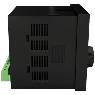 Ein schwarzes, rechteckiges elektronisches Gerät mit Lüftungsschlitzen an der Seite, daneben grüne Anschlussklemmen im Profilansicht.