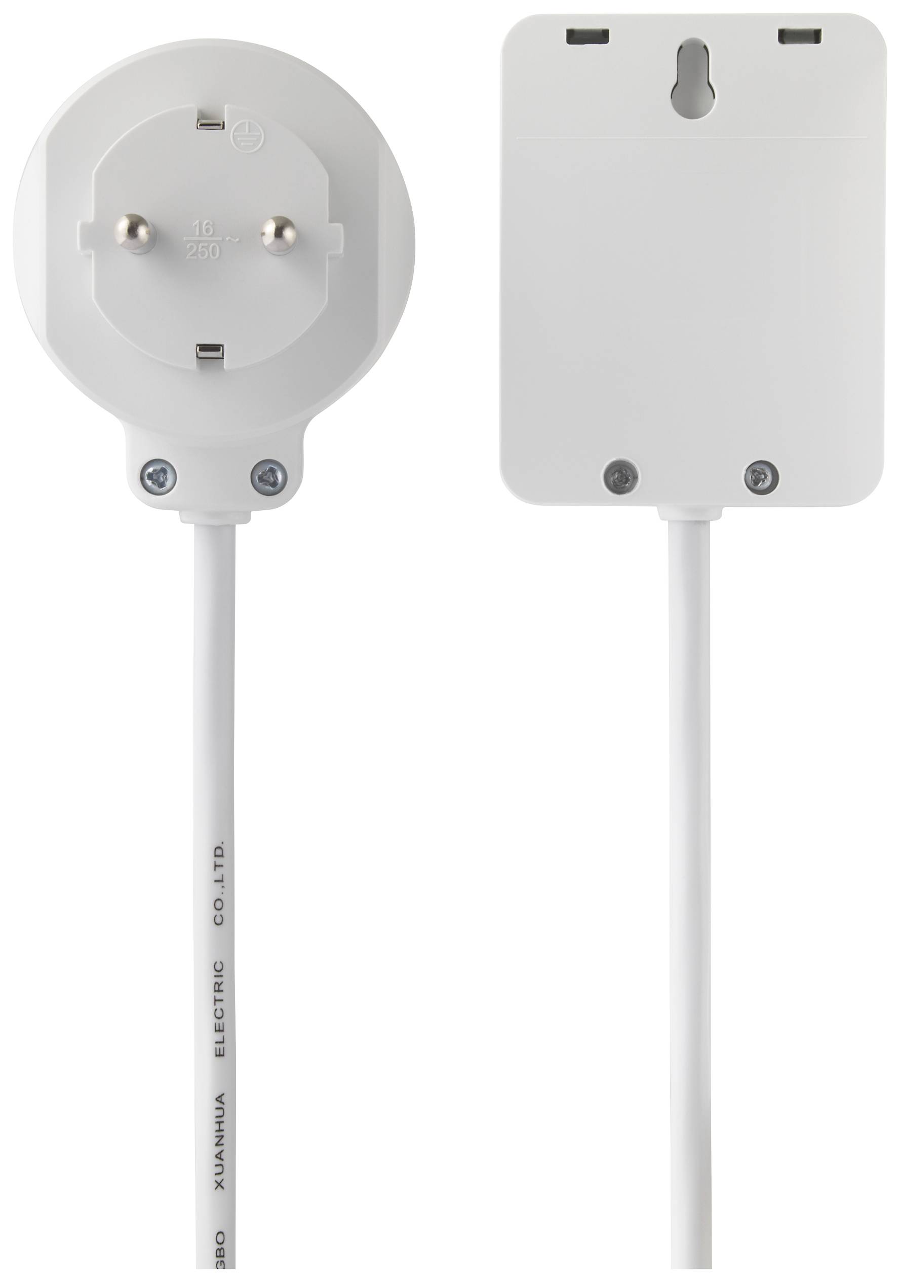 Eine weiße Steckdose mit Stecker an einem Kabel. Links ist die Steckdose mit zwei runden Löchern zu sehen, rechts die Rückseite.