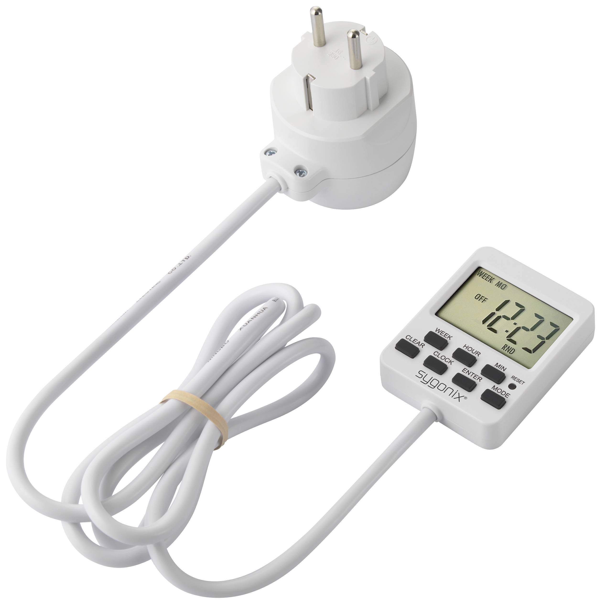 Ein digitales Zeitschaltuhr-Gerät mit Steckdose und Display zeigt '12:23'. Es hat einen langen weißen Kabelanschluss.