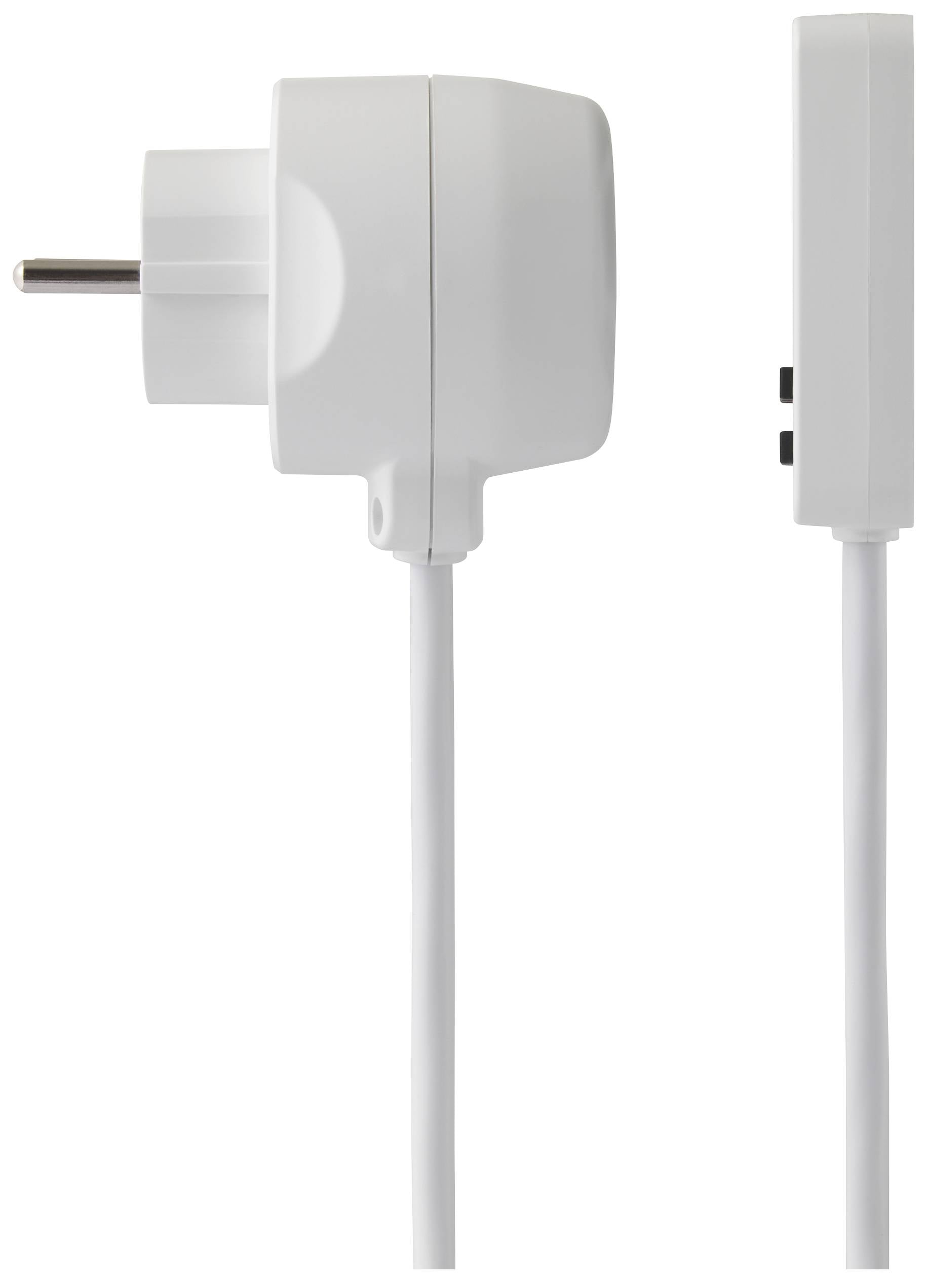 Weiße Steckerverbindung mit Adapter und Kabel aus zwei Perspektiven gezeigt: seitlich und frontal.